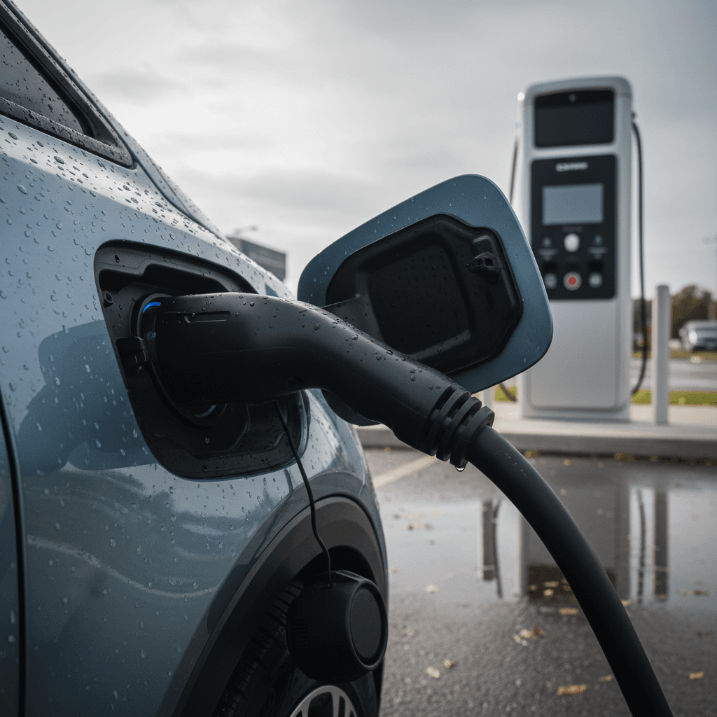Close-up of a 2027 Chevy Bolt EV using a NACS connector at a DC fast charging station