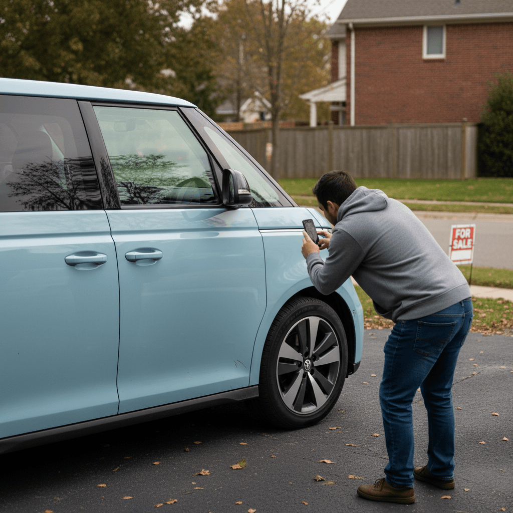 Owner photographing a Volkswagen ID. Buzz electric van in a driveway to prepare an online listing