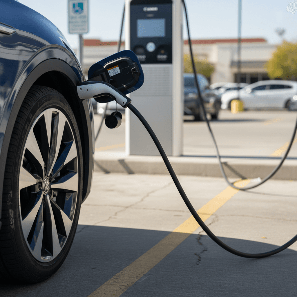 2024 Volkswagen ID.4 charging at a public DC fast charger with focus on charge port and wheel