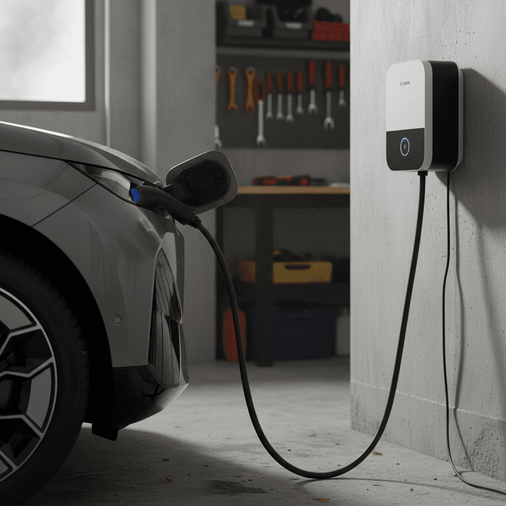 Level 2 home EV charger wall-mounted in a residential garage, cable plugged into BMW iX charge port