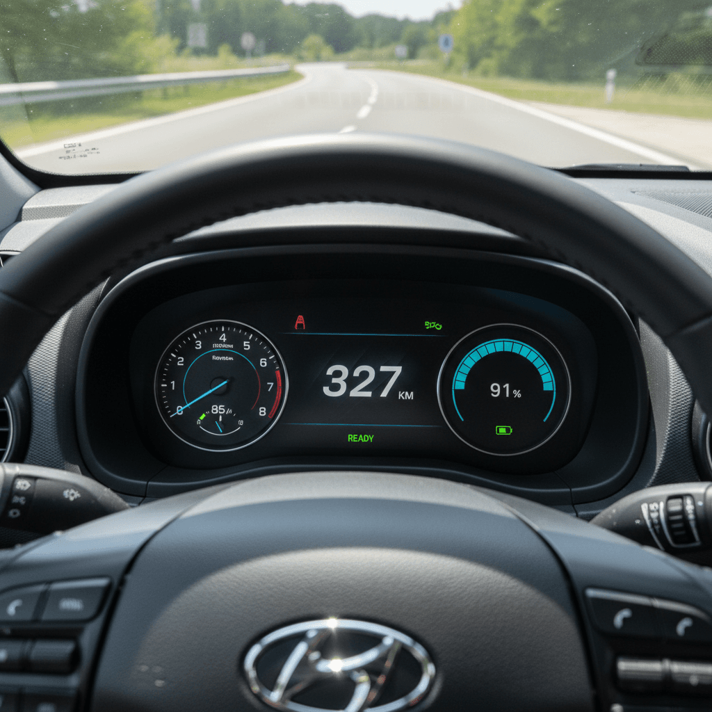 2022 Hyundai Kona Electric plugged into a DC fast charger with its digital instrument cluster showing remaining range