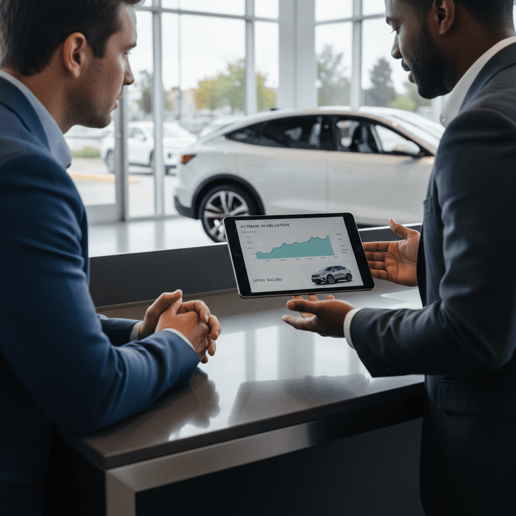 Customer in a New York showroom reviewing an electric vehicle trade-in valuation with a specialist on a tablet