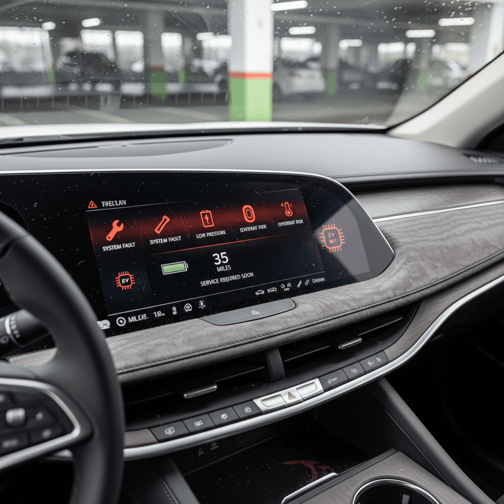 Interior view of a Cadillac Lyriq showing a large center touchscreen with warning icons and messages displayed