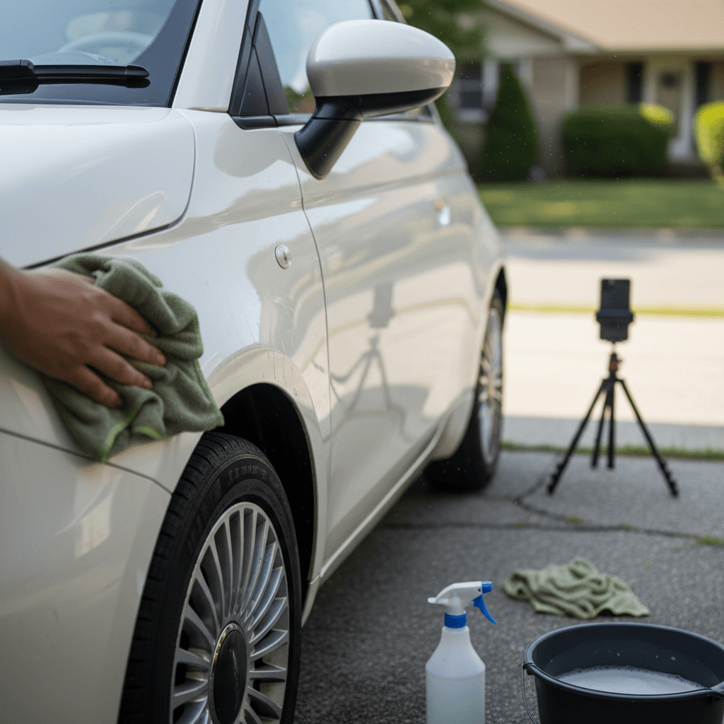 Owner detailing and photographing a Fiat 500e in a driveway before listing it for sale