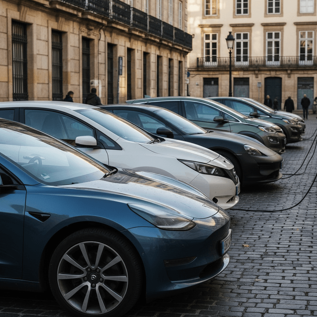 Several different electric car brands parked in a city streetscape