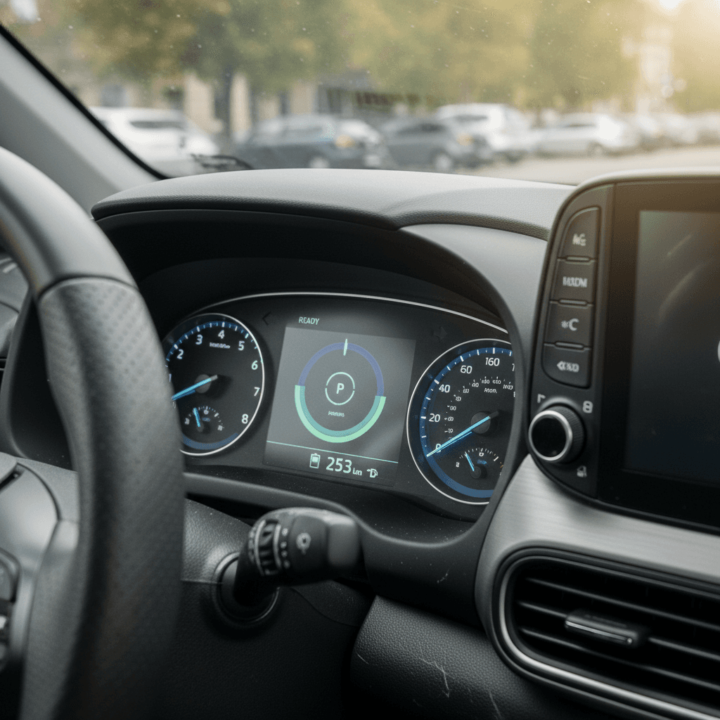 2020 Hyundai Kona Electric digital dash showing remaining range and battery level