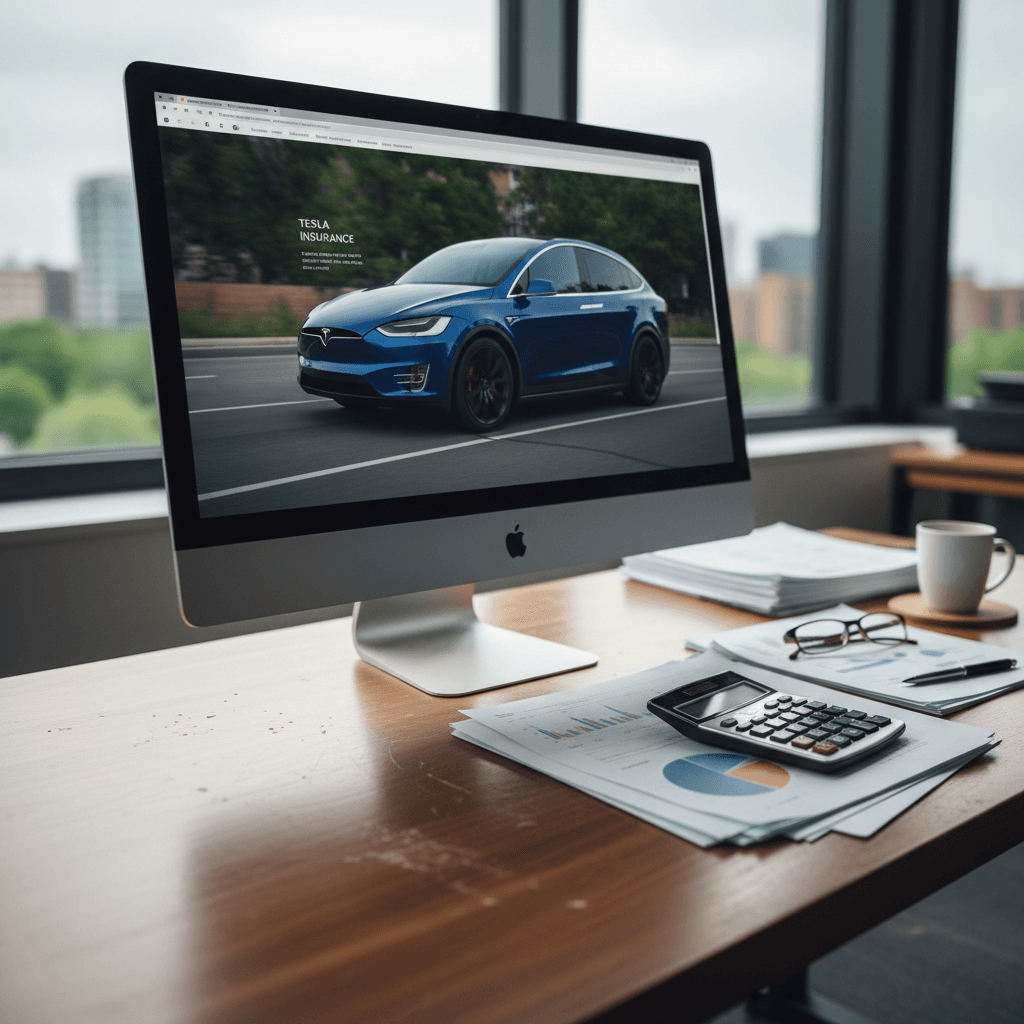 Insurance documents, calculator, and a Tesla Model X photo on a laptop screen during an insurance quote review