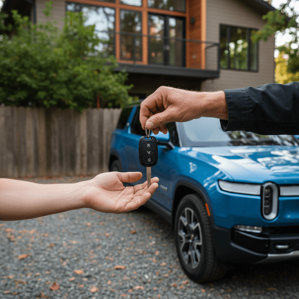 Owner and buyer finalizing paperwork while a 2023 Rivian R1S is parked in a driveway