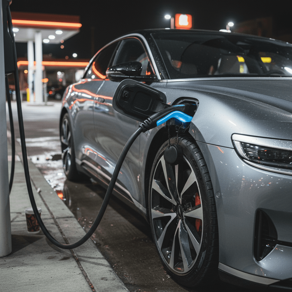 Lucid Air plugged into a high-power DC fast charger showing charging speed and estimated range on the display