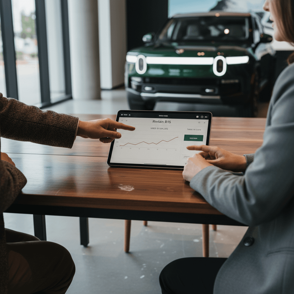 Owner reviewing a trade-in offer for a 2023 Rivian R1S on a tablet with a salesperson in a modern EV showroom