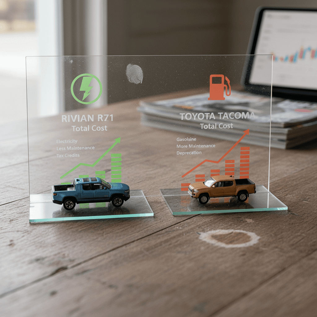 Side‑by‑side infographic comparing five‑year ownership costs for a Rivian R1T electric truck and Toyota Tacoma gas truck