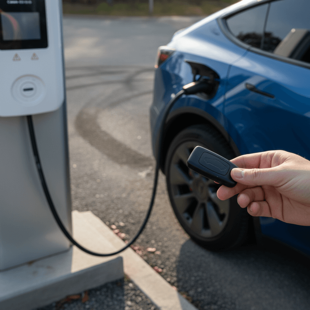 Seller handing a Tesla Model Y key fob to a buyer at a charging station