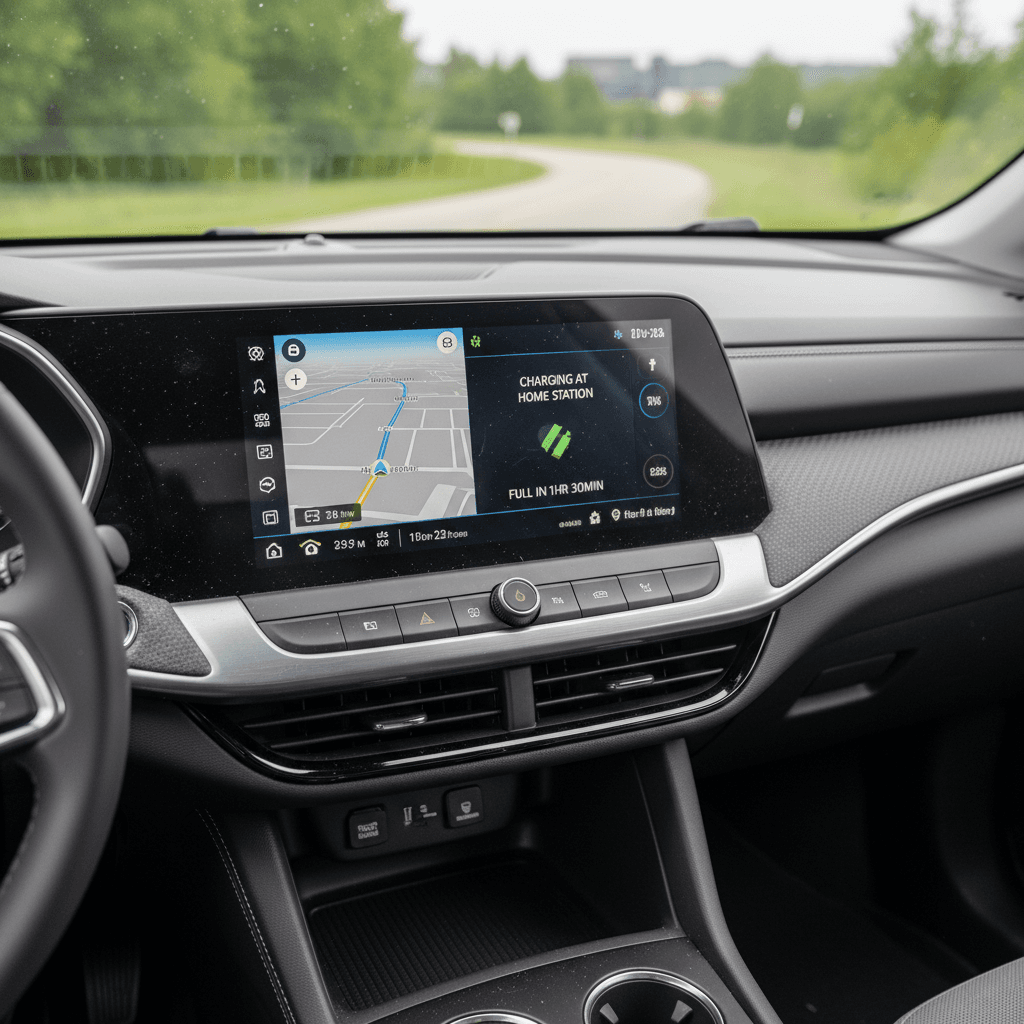 Modern electric SUV interior with large central touchscreen displaying navigation and charging information