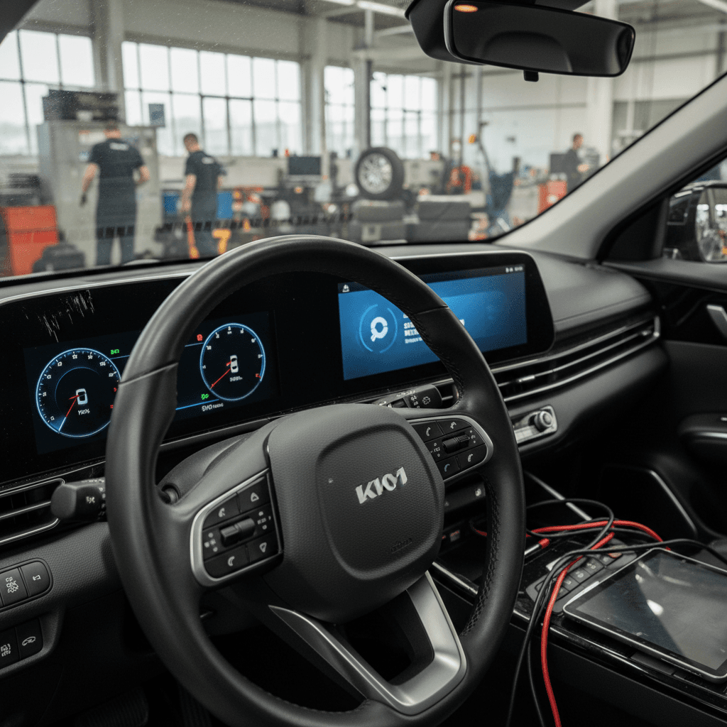 Technician inspecting the digital instrument cluster of a Kia EV9 inside a service bay