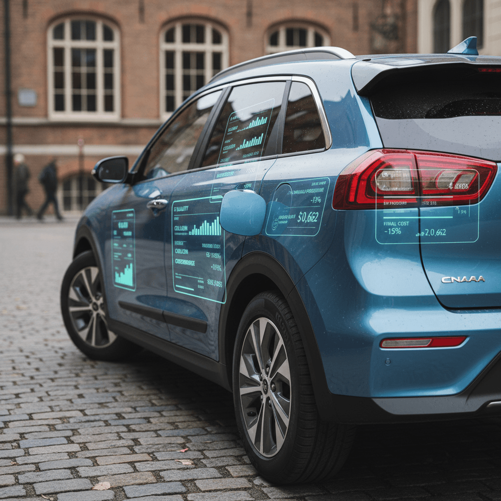Used Kia Niro EV parked in front of a home, with an overlay of a digital report representing battery health and insurance costs