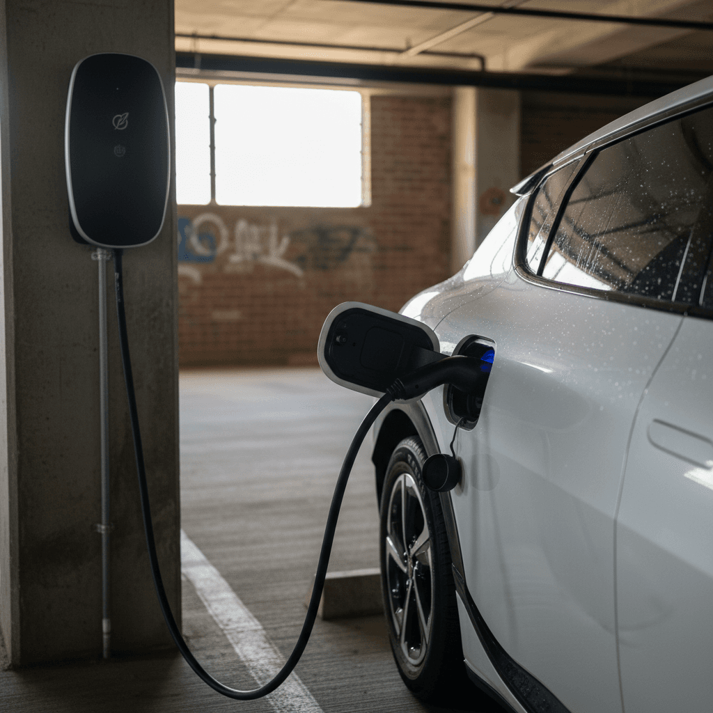 Electric car plugged into a free Level 2 charger inside a downtown Richmond parking garage