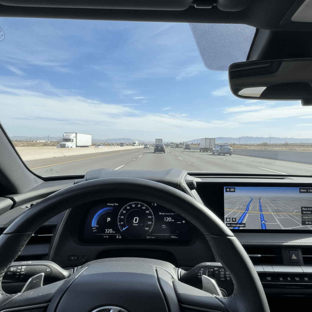 Interior view of a Lexus RZ 450e on the highway showing energy usage and range remaining on the digital display