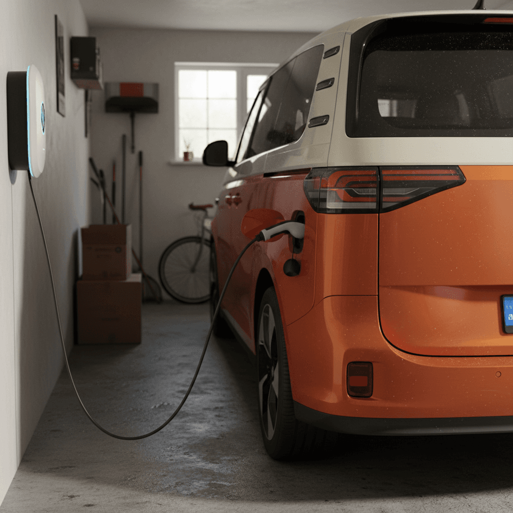 Rear three‑quarter view of a Volkswagen ID. Buzz plugged into a home charger in a driveway