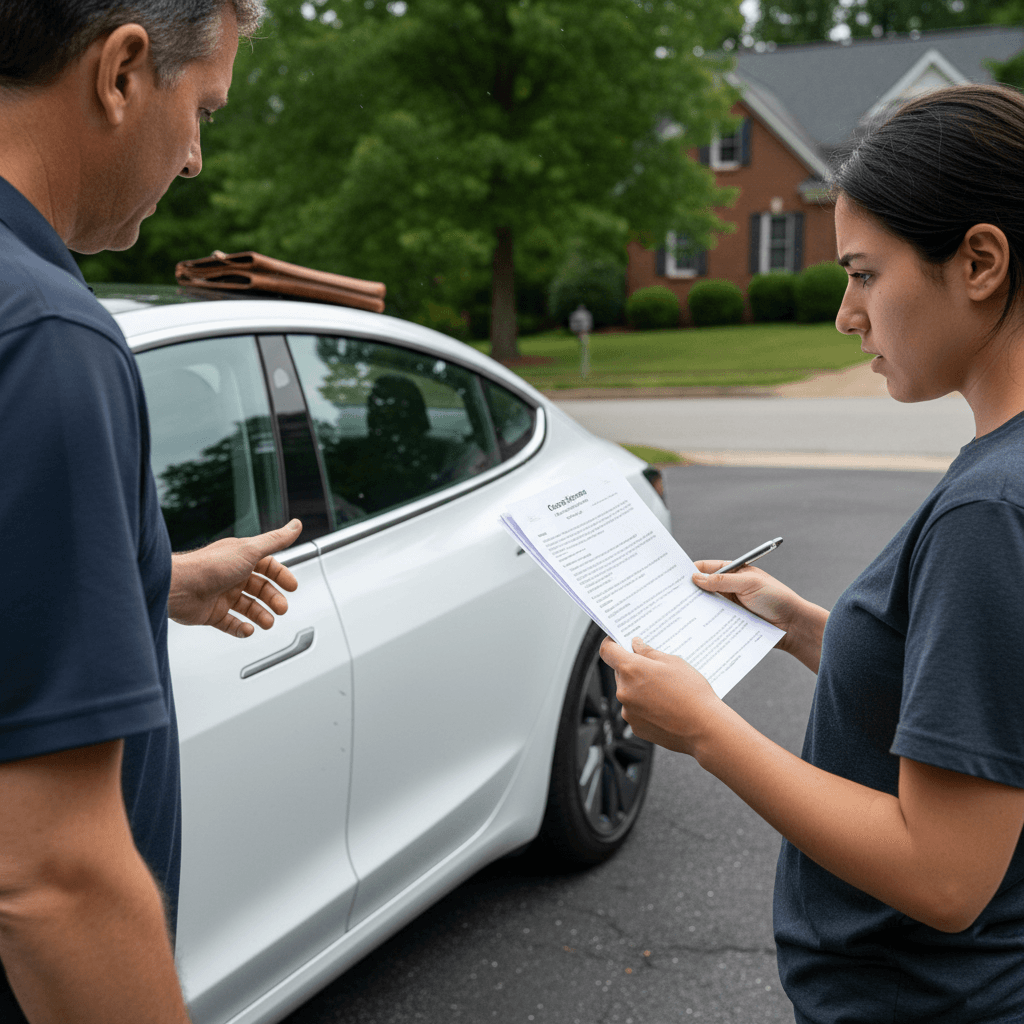 Seller and buyer reviewing paperwork beside a white Tesla Model 3 parked in a Virginia driveway