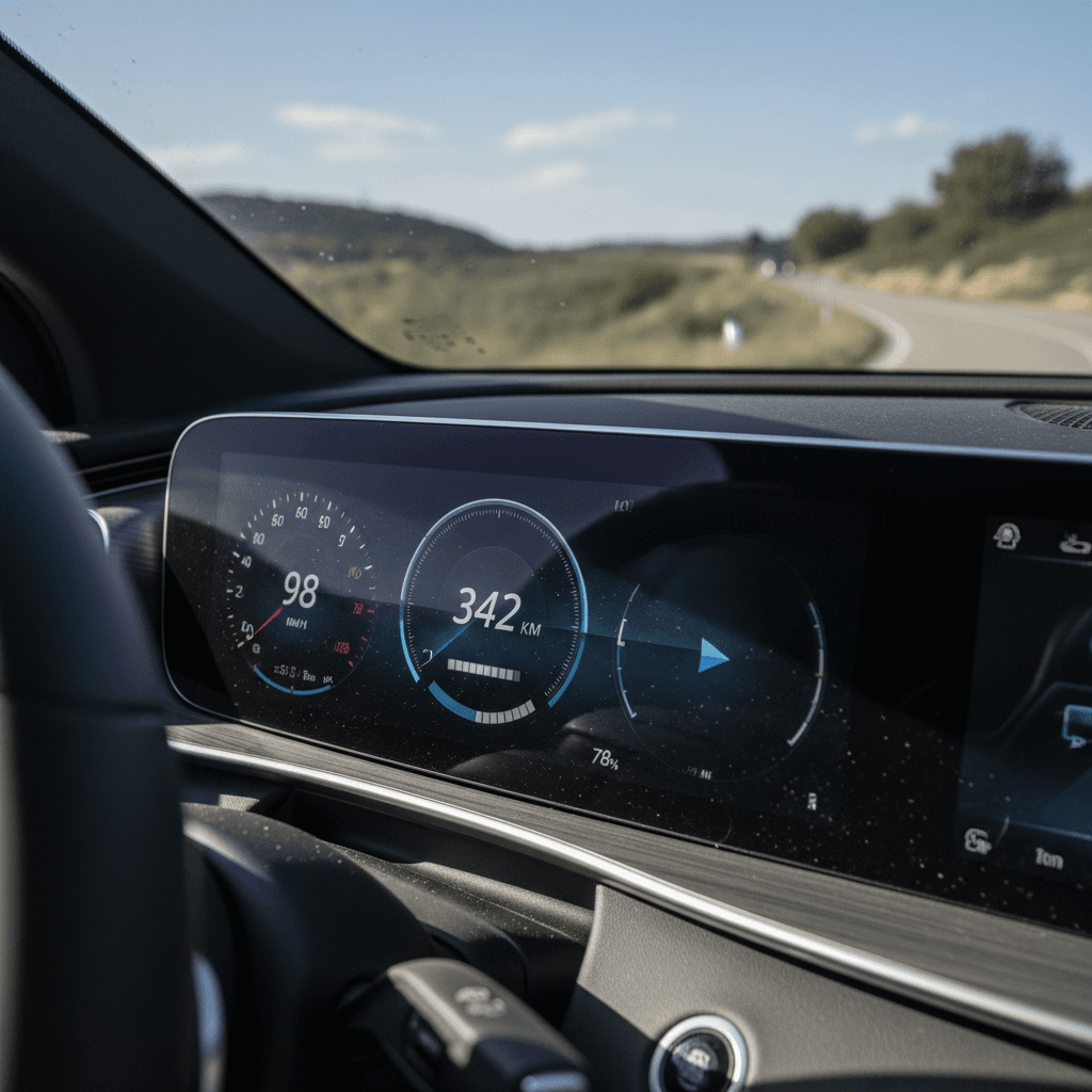 Digital gauge cluster of a 2023 Mercedes EQE showing remaining range and battery charge on a highway drive