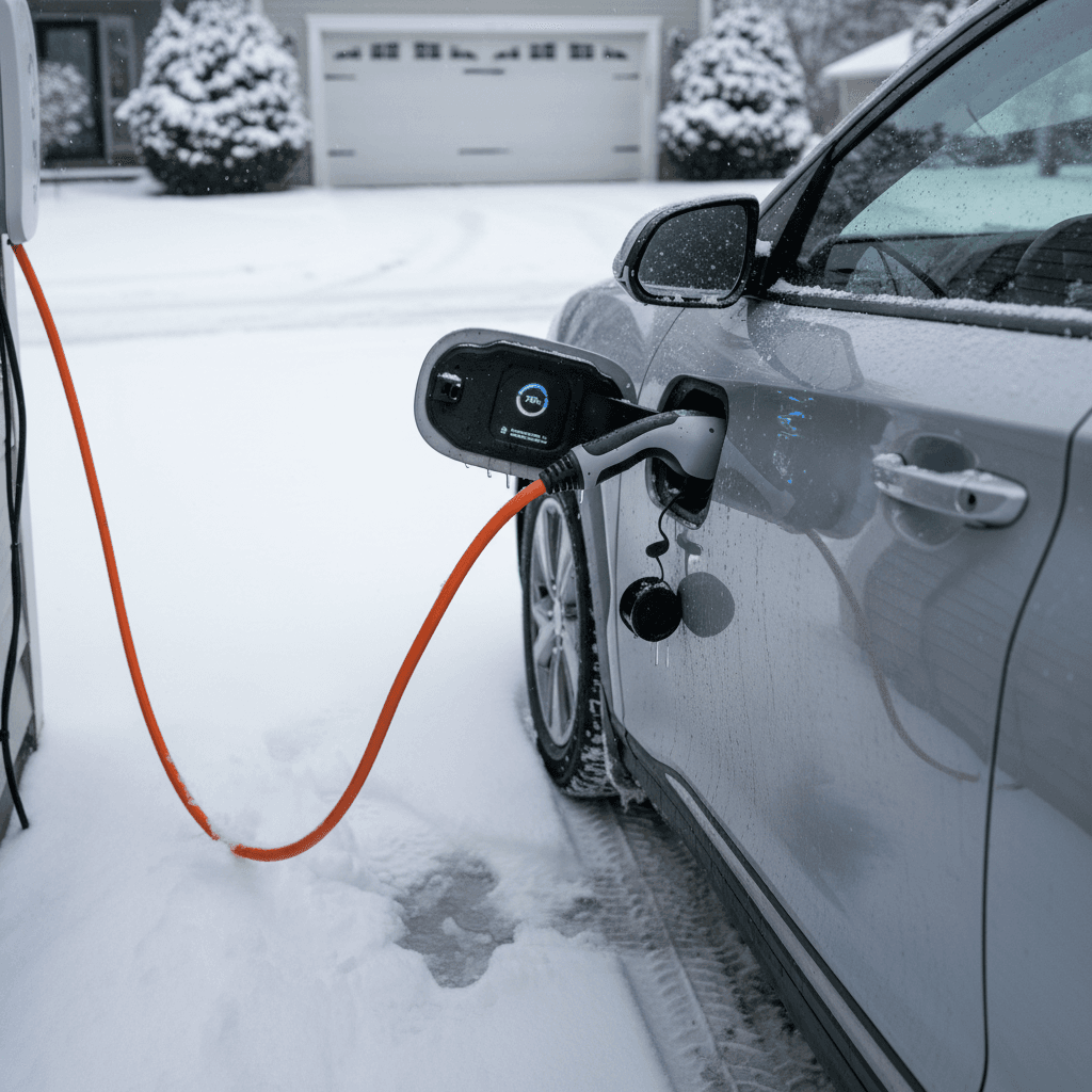 Hyundai Kona Electric charging in a snowy driveway, showing reduced but usable winter range on the dashboard