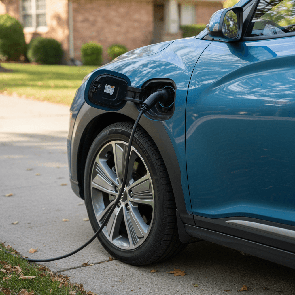 Close-up of a 2022 Hyundai Kona Electric plugged into a home charger in a suburban driveway