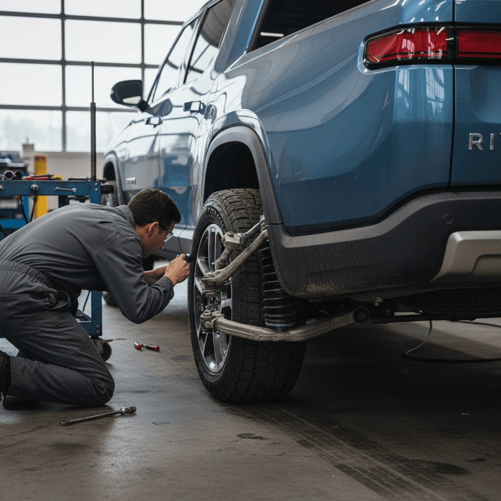 Technician inspecting the suspension and underbody of a 2023 Rivian R1T on a lift