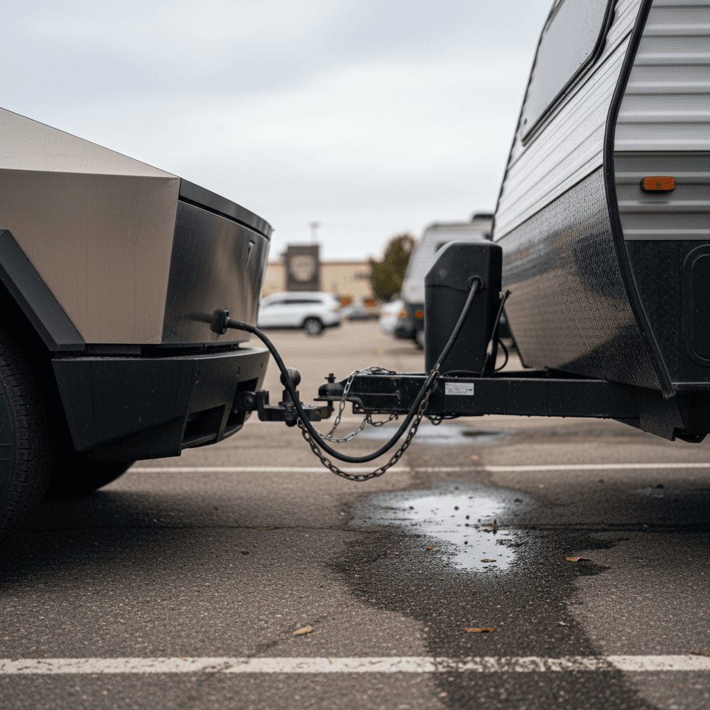 Tesla Cybertruck hitched to a dual-axle travel trailer in a parking lot, illustrating real-world towing setup
