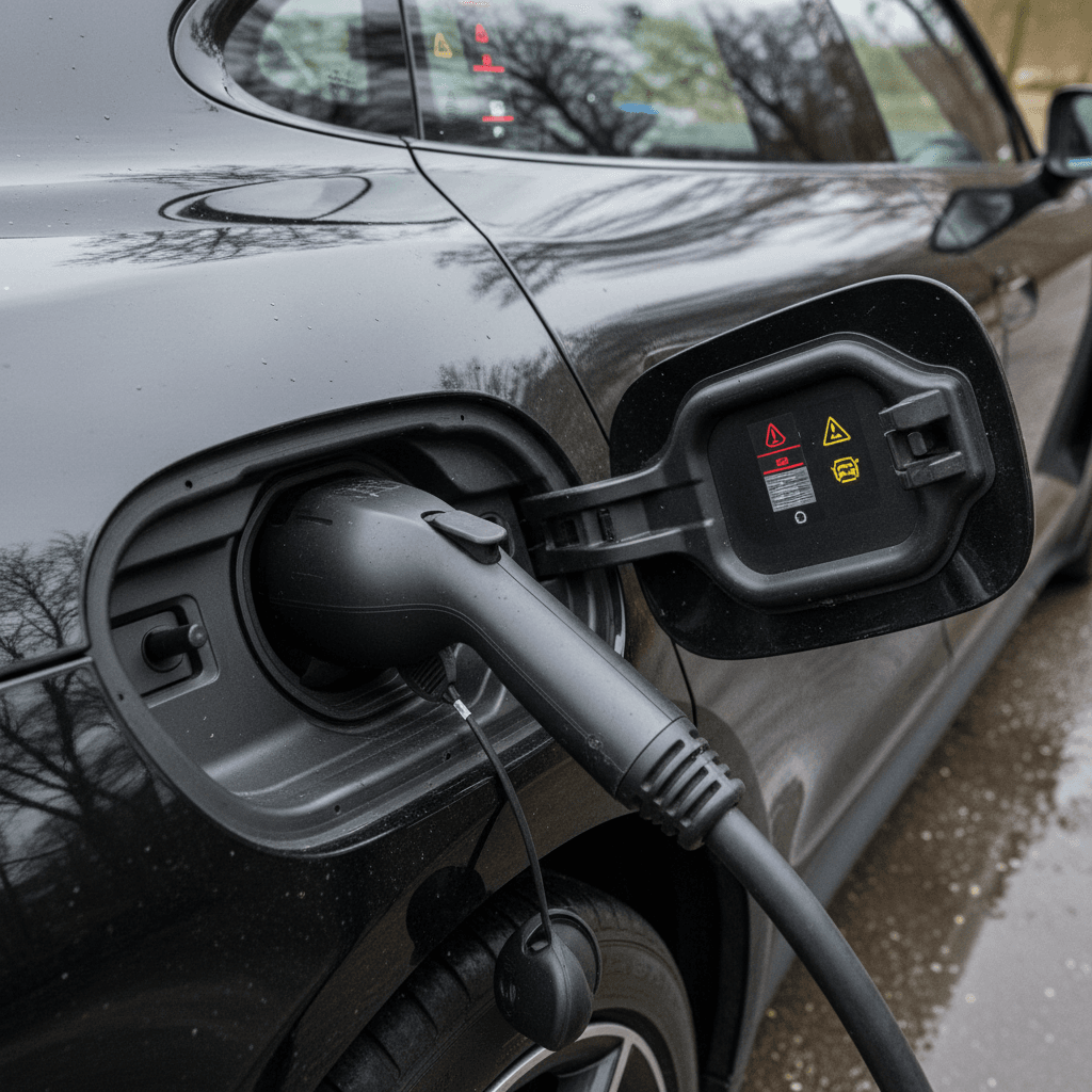 Close-up of a Porsche Taycan charging port and dashboard with warning lights illuminated