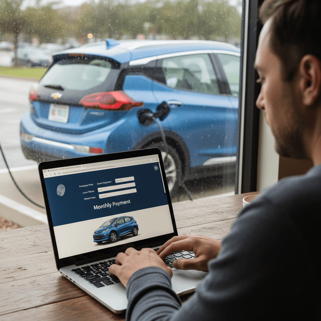 Person using an online car payment calculator on a laptop with a Chevrolet Bolt EV parked outside a window