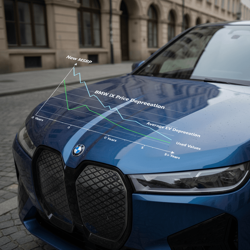 Illustrated depreciation curve showing BMW iX values dropping from new MSRP into used pricing over 8 years