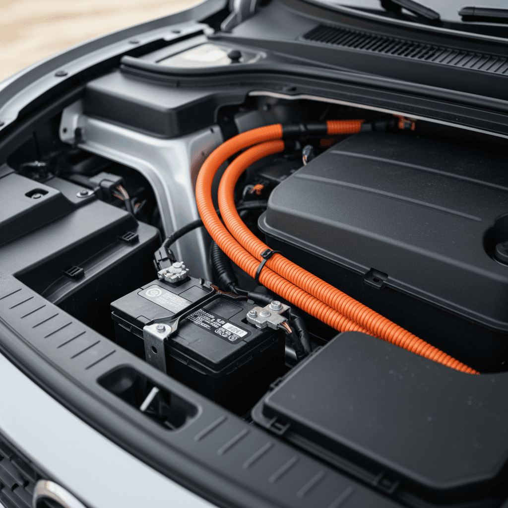 Front trunk area of a Volvo EX30 showing the 12V battery near high‑voltage components with clear safety labels