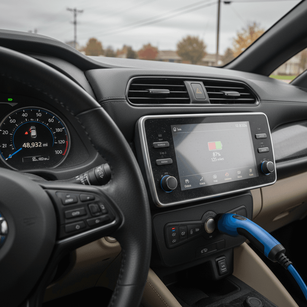 Used 2024 Nissan Leaf plugged in at a home charger with clean exterior and interior