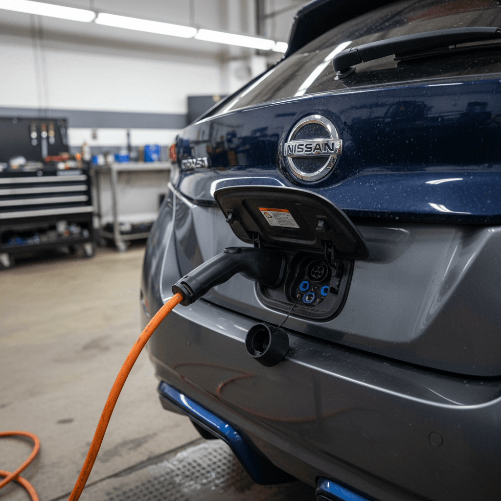 Technician inspecting the rear hatch and backup camera of a 2020 Nissan Leaf in a service bay