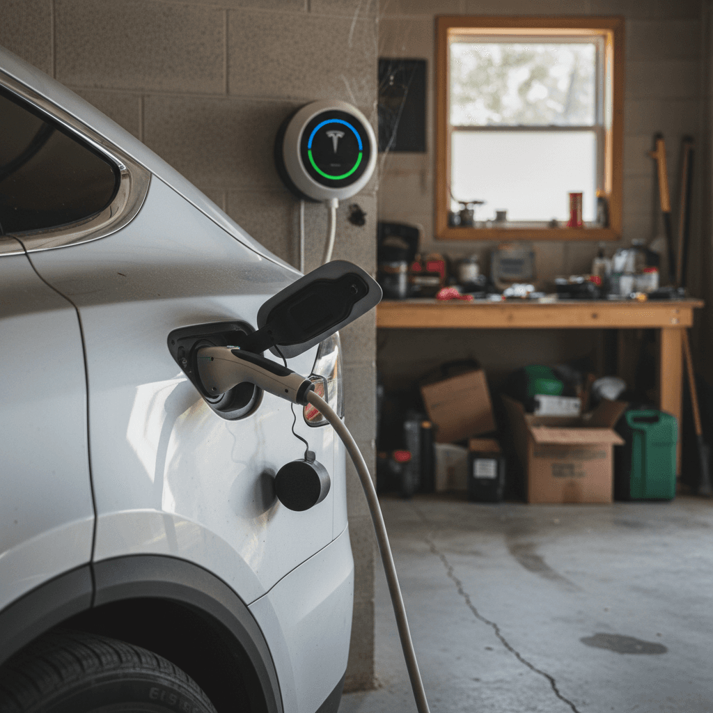 Tesla Model X plugged into a home wall connector in a modern garage