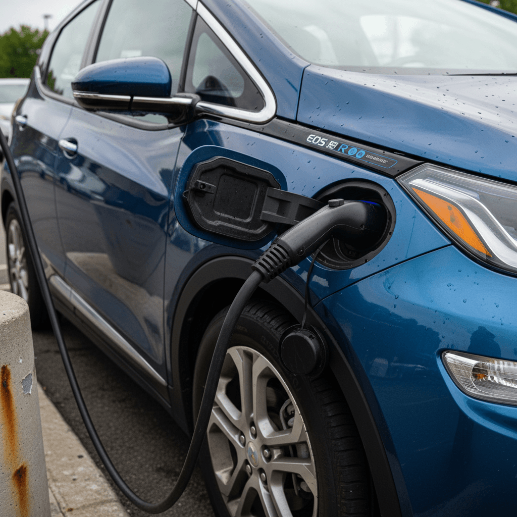 2020 Chevrolet Bolt EV plugged into a CCS DC fast charging station in a parking lot