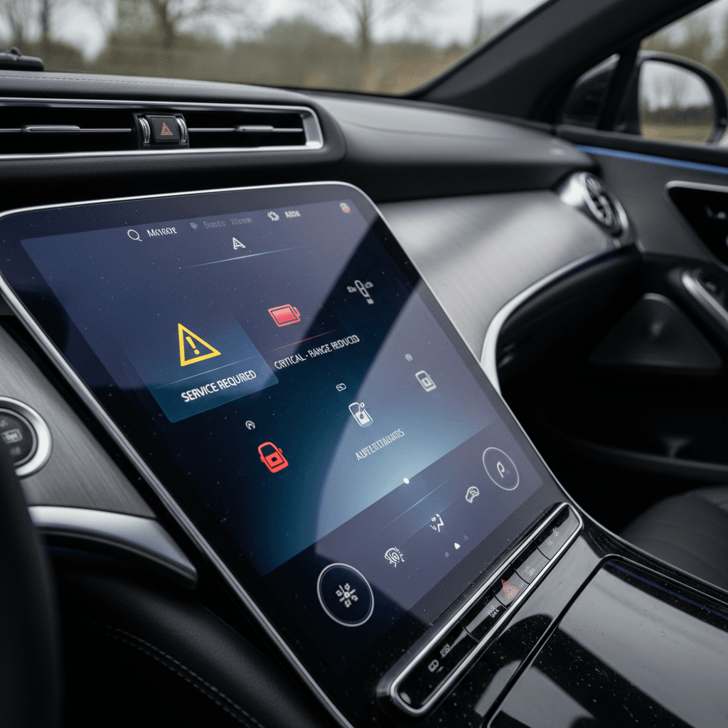 Digital instrument cluster of a 2024 Mercedes EQS showing driver-assistance and warning indicators