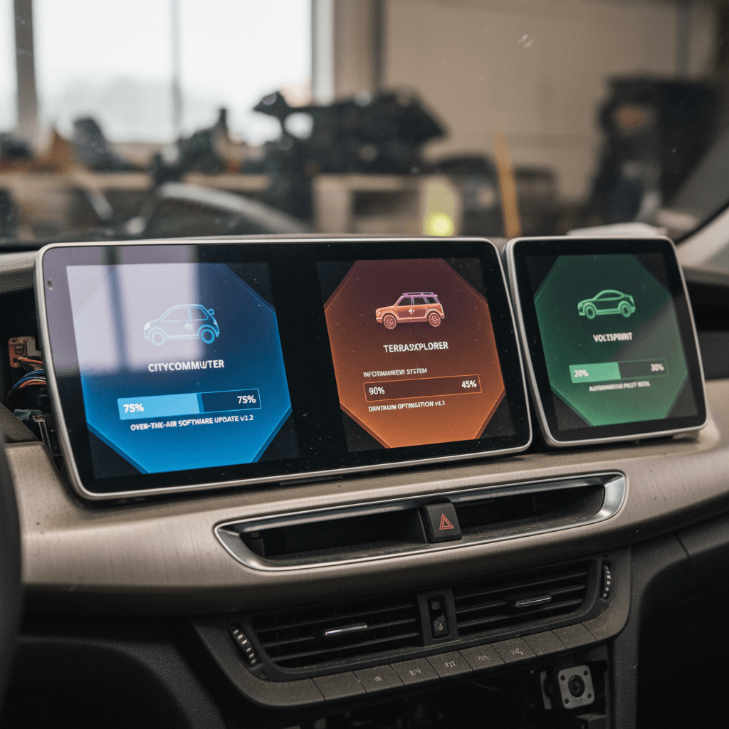 Illustration showing several popular electric vehicles all downloading software updates simultaneously