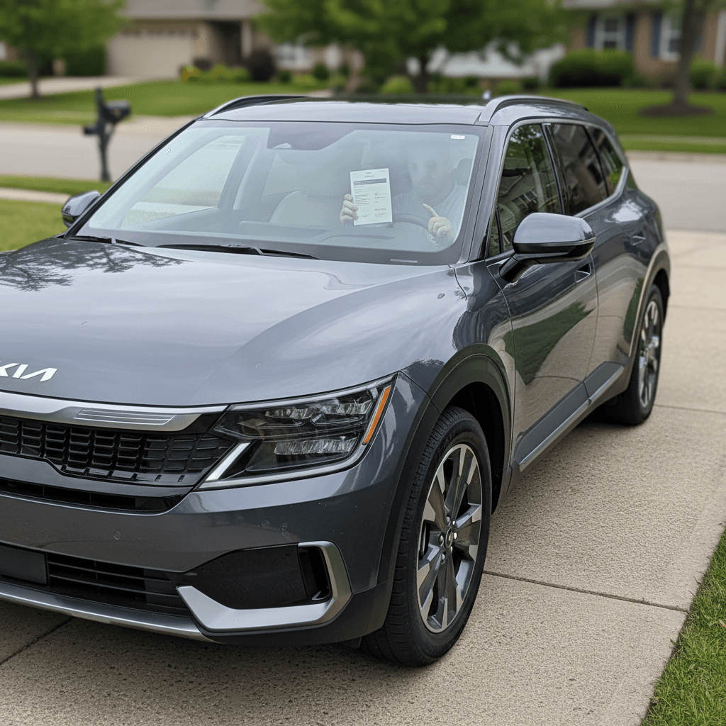 Kia EV9 parked in a quiet suburban driveway with a driver checking their insurance details on a smartphone