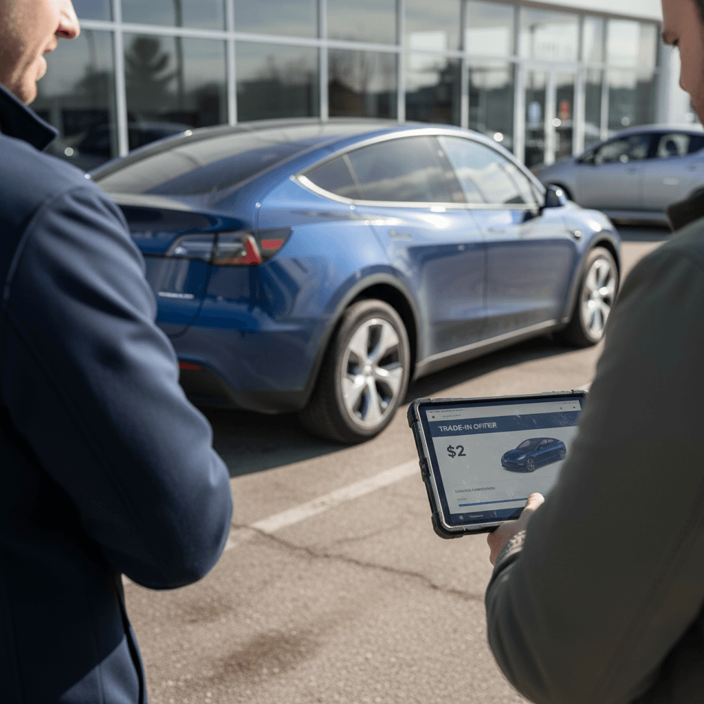 Salesperson and owner reviewing 2021 Tesla Model Y trade-in offer on a tablet with the car parked nearby