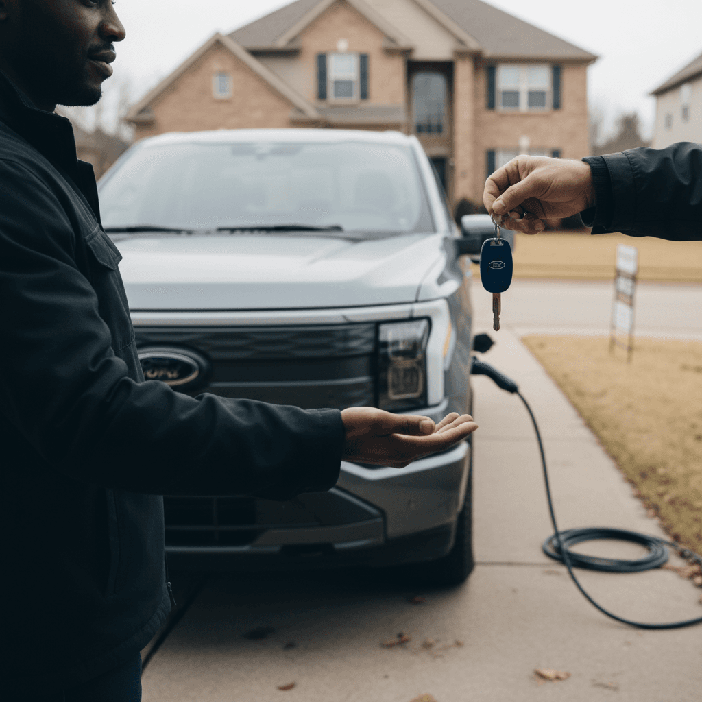Seller showing a clean Ford F-150 Lightning with open frunk and charging cable neatly organized before taking photos for a listing