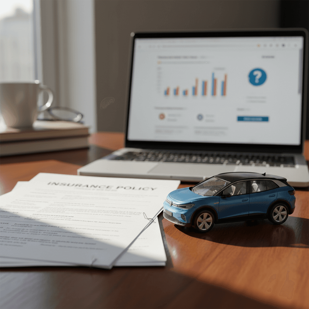 Car insurance documents and a miniature blue electric SUV model on a desk with a laptop, symbolizing Volkswagen ID.4 insurance decisions