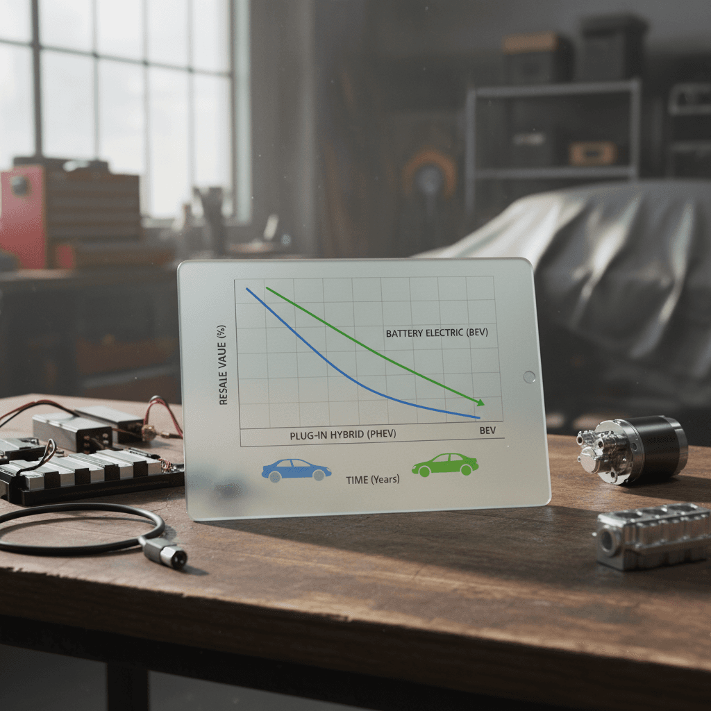 Stylized chart comparing depreciation curves over time for plug-in hybrids versus pure electric vehicles