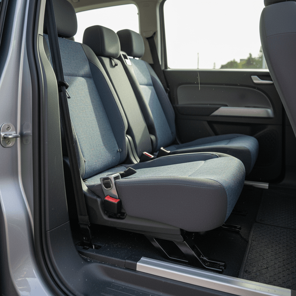 Rear seating area of a Volkswagen ID. Buzz showing third-row bench and seat-belt anchors after recall repair