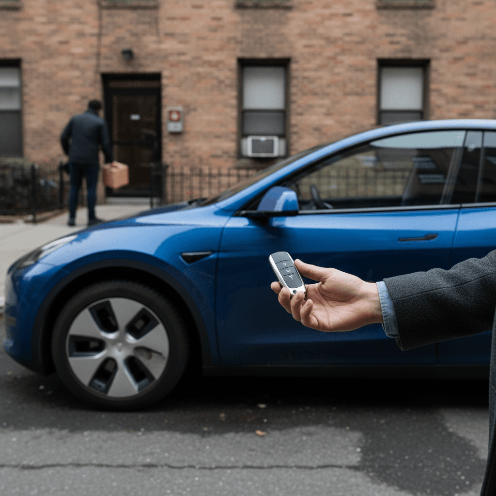 Seller showing an EV battery health report to a buyer next to a Tesla Model Y in New York