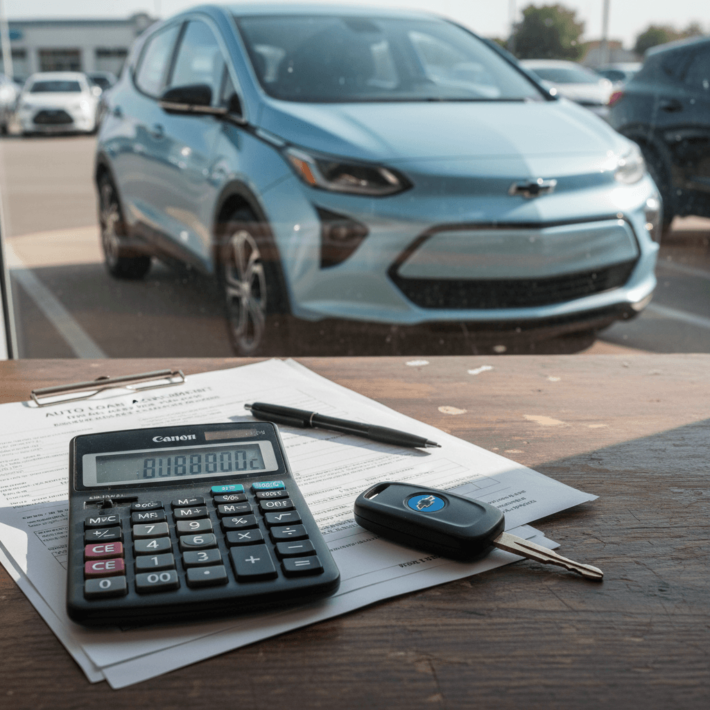 Loan paperwork, calculator, and key fob on a desk with a used Chevrolet Bolt EUV visible through a dealership window, highlighting financing decisions.