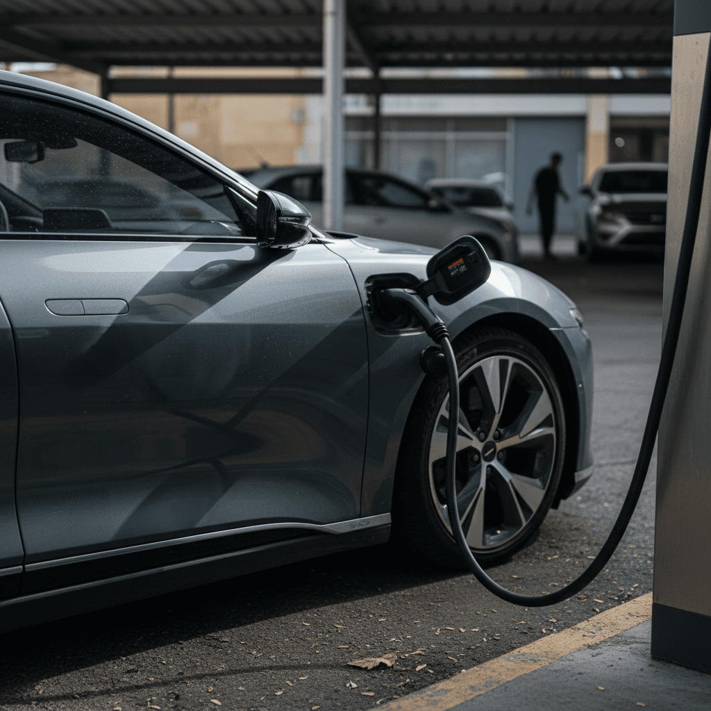 A Lucid Air sedan plugged into a DC fast charger, highlighting range and charging performance for used buyers.