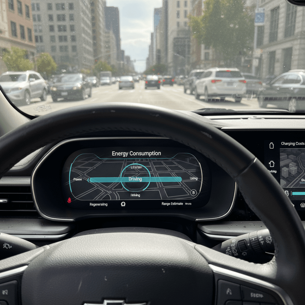 Chevrolet Blazer EV driver looking at in-car energy consumption screen showing cost and miles per kWh