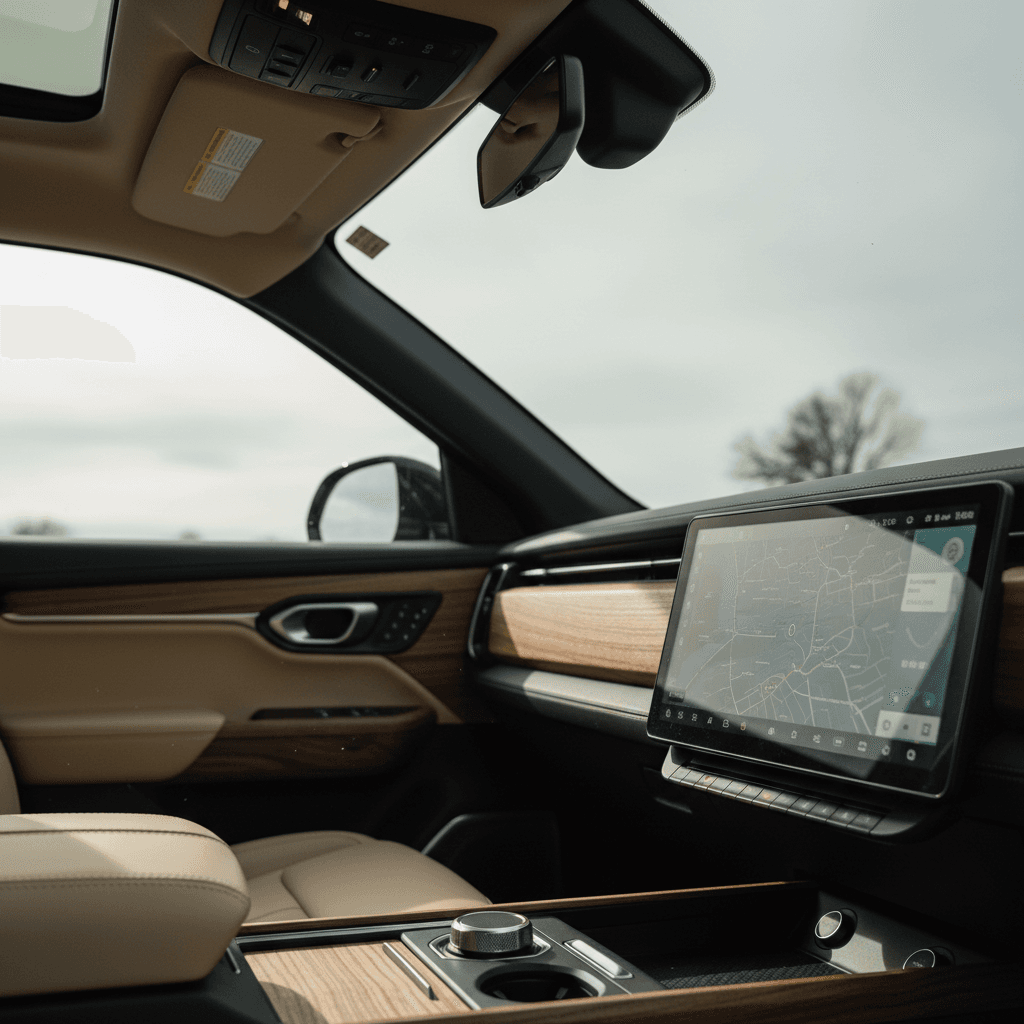 Rivian R1T Adventure interior with vegan leather seats, wood trim, and central touchscreen