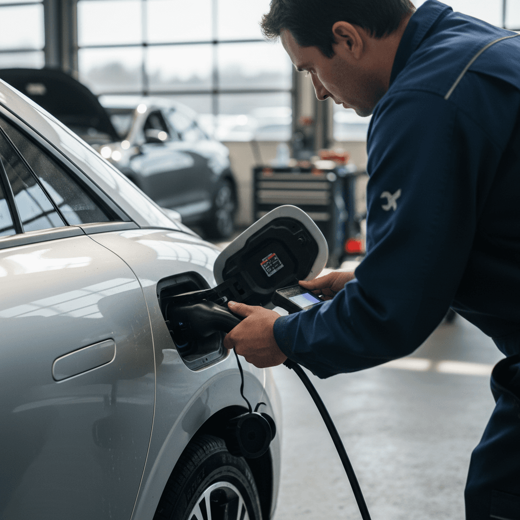 Technician inspecting the charge port and trim fit on a Hyundai Ioniq 6 at a service bay